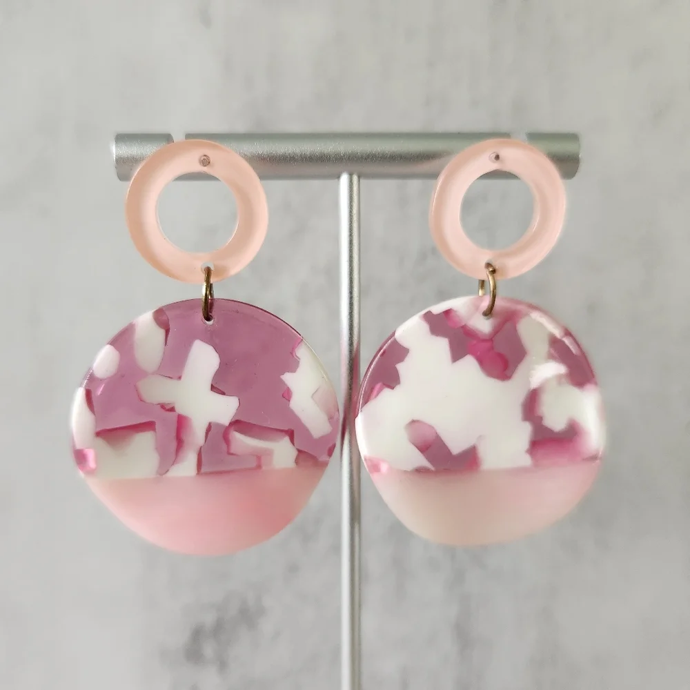 Pink White Acrylic Swirl Round Post Dangle Earrings for Pierced Ears